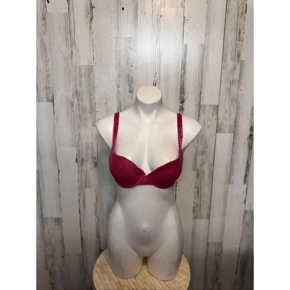 Bebe Pink Lace Push Up Bra 34C Logo Straps Feminine Sexy Lingerie